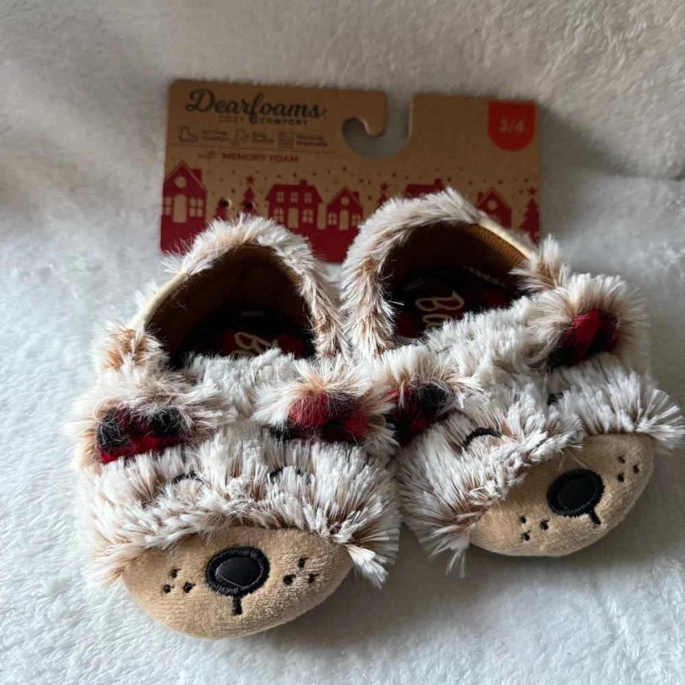Dearfoams Tan‎ and Brown Bear Slippers Unisex Size 3-4 Slip On New Faux Fur
